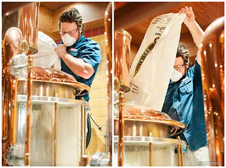 Two images of Brewmaster making beer by pouring a big white bag into a tank
