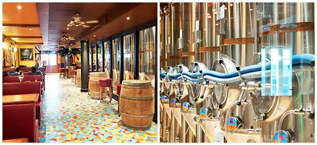 Two images of Redfrog Pub and Brewery on Carnival Vista with red booths, wood barrel tables and large silver tanks
